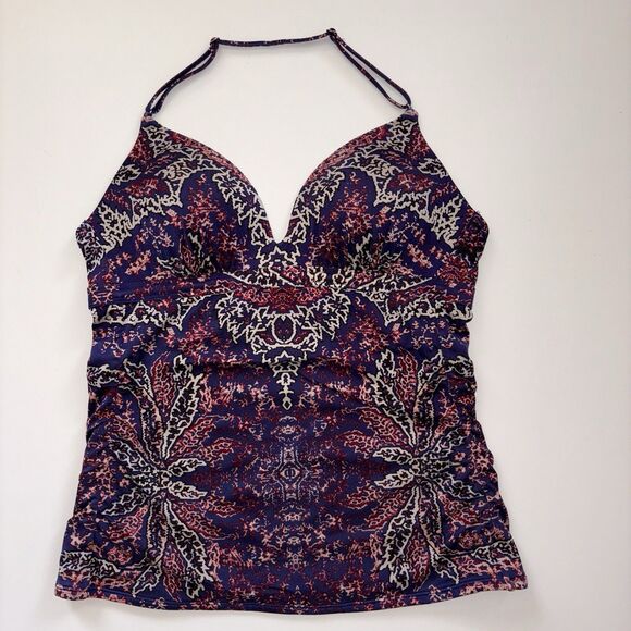 Athleta Purple Paradise Print Molded Tankini Swim Top Aqualuxe Medium UPF 50+ - Picture 2 of 12